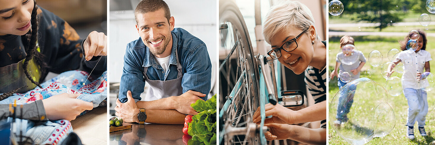 Eine Collage: Zwei Frauen reparieren ein Fahrrad und sticken auf ein Stück Stoff, ein Koch steht in der Küche und lächelt und zwei Kinder laufen lachend auf einer Wiese durch eine Ansammlung von Seifenblasen